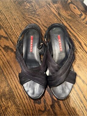Prada Black Crisscross Fabric Slingback Wedges - 36.5